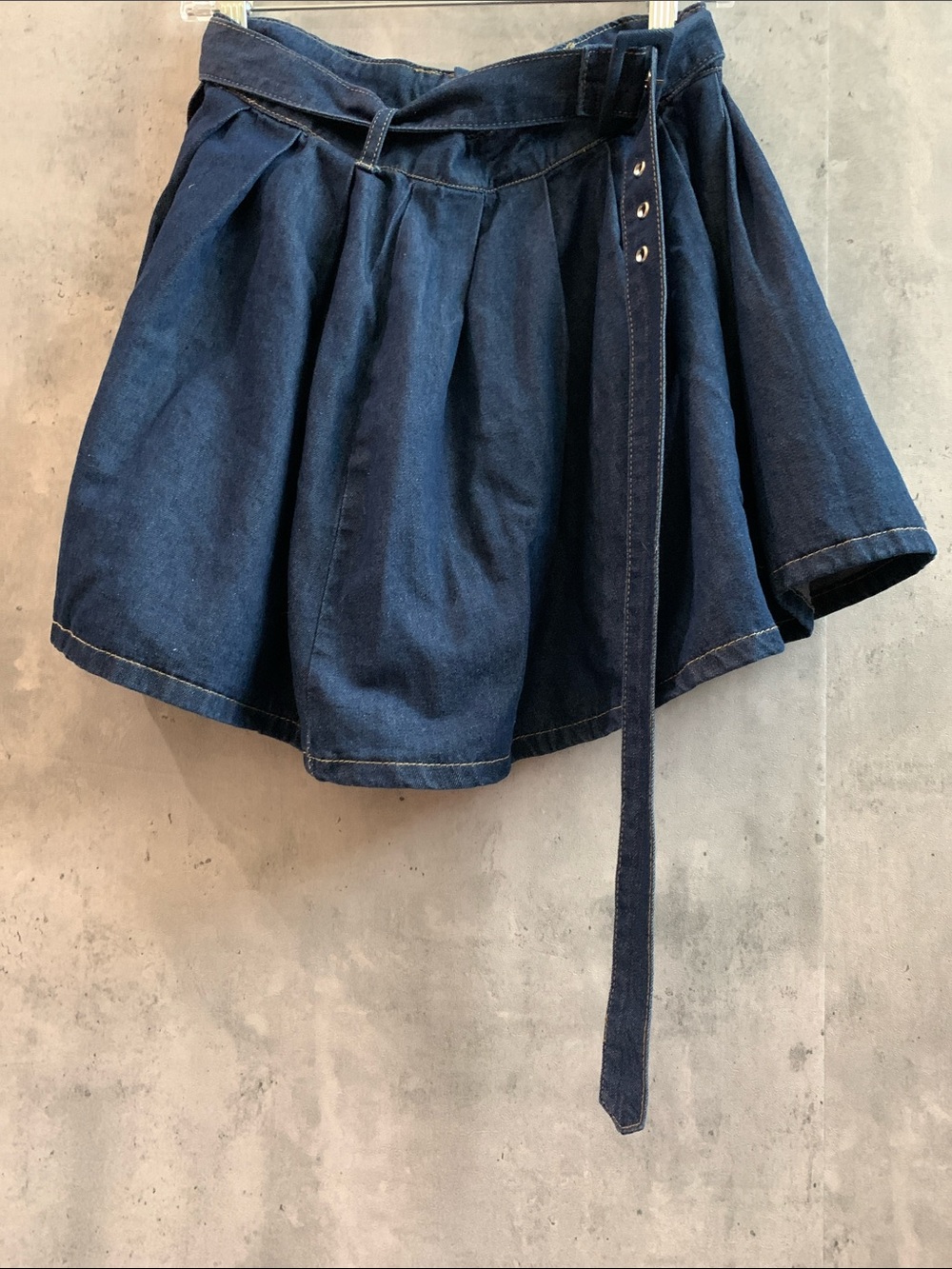 Dark Blue Denim Pleated Mini Skirt with Waist Tie